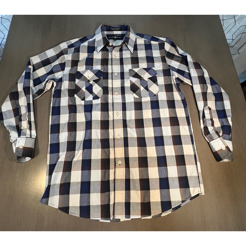 Beverly Hills Polo Club Mens Blue Plaid Roll Tab Long Sleeve Button Down Shirt M